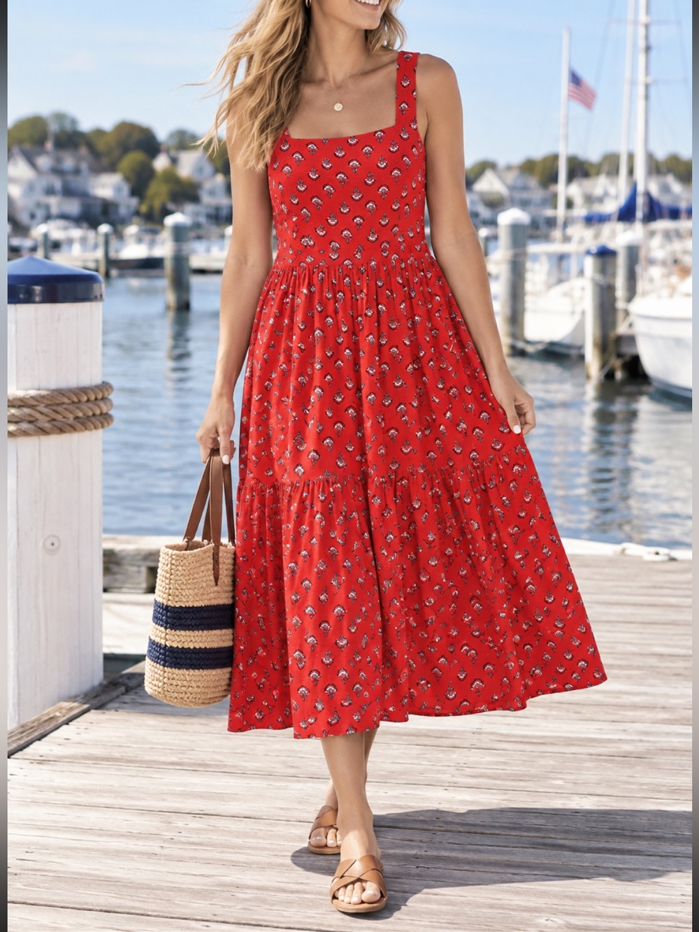 ANN TAYLOR Linen Blend Red Floral Square-Neck Midi Dress